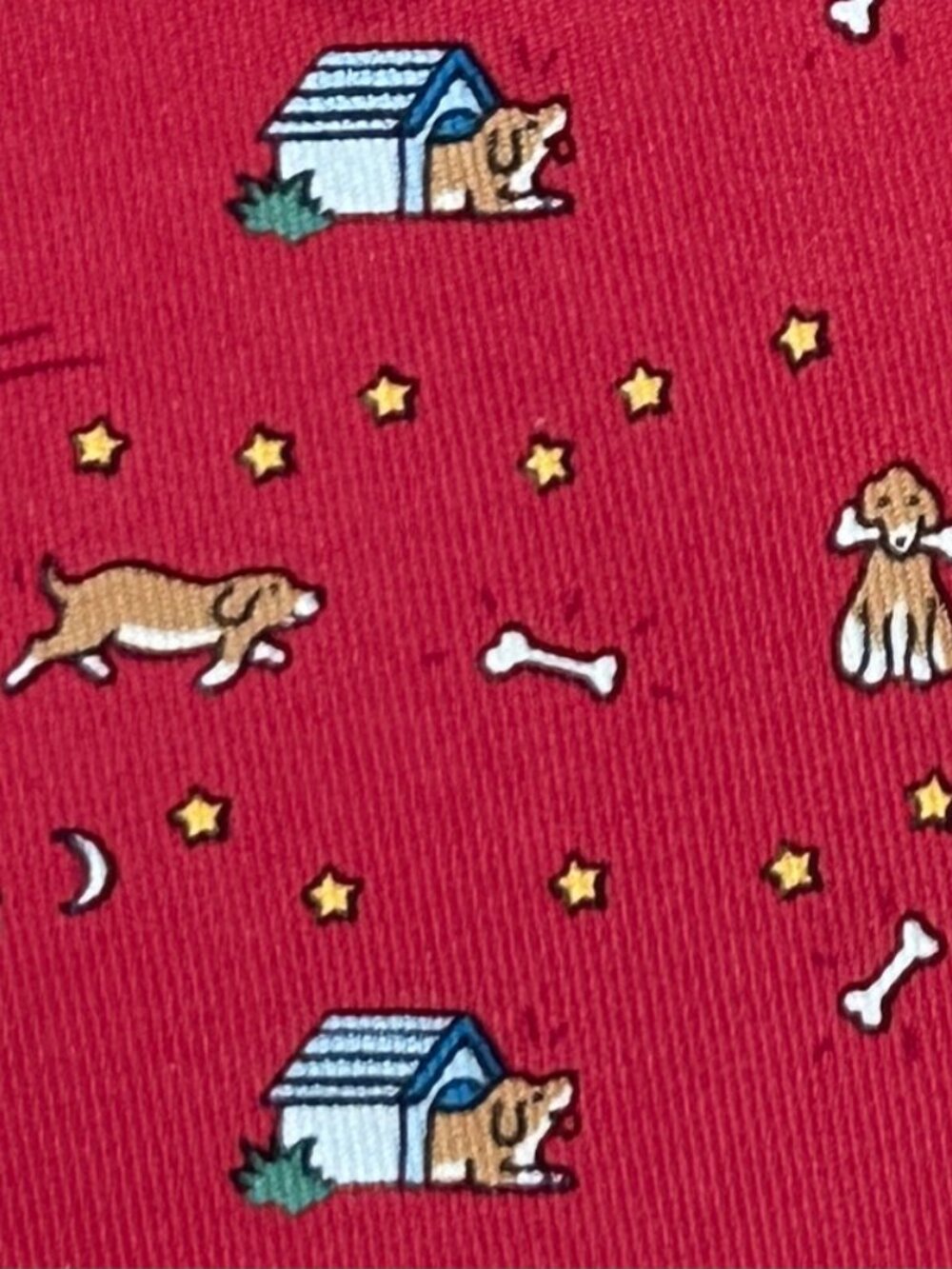 100% REAL HERMES TIE ~ DARKER RED w/ FUN BROWN DOG HOUSE STARS MOONS BONES XL